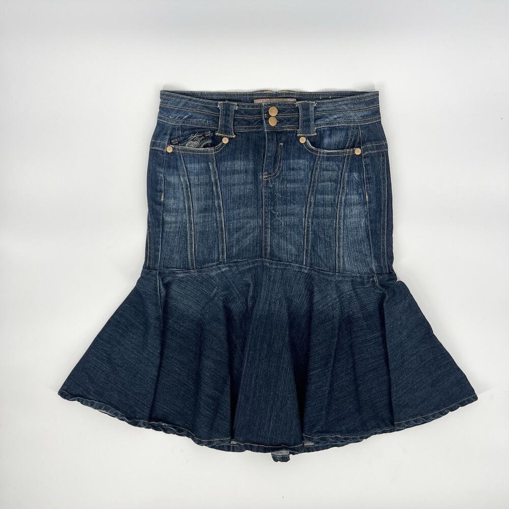 Y2K Candies Low Rise Ruffle Hem Denim Skirt With Embroidery Detail Women Size 5
